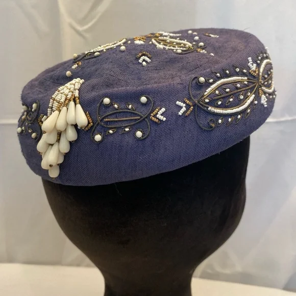 Vintage 1940s Blue Beaded Cocktail Hat, Pillbox, Marie  display picture 3